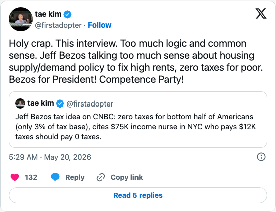 Timeline screenshot: Holy crap. This interview. Too much logic and common sense. Jeff Bezos talking too much sense about housing supply/demand policy to fix high rents, zero taxe…