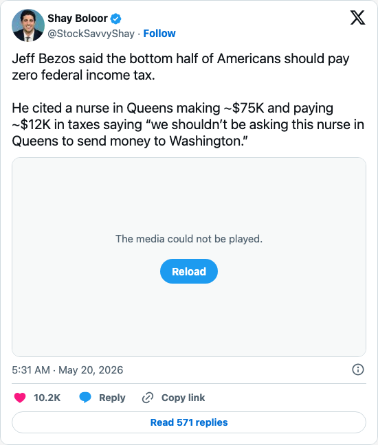 Timeline screenshot: Jeff Bezos said the bottom half of Americans should pay zero federal income tax.

He cited a nurse in Queens making ~$75K and paying ~$12K in taxes saying “w…