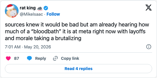Timeline screenshot: sources knew it would be bad but am already hearing how much of a “bloodbath” it is at meta right now with layoffs and morale taking a brutalizing