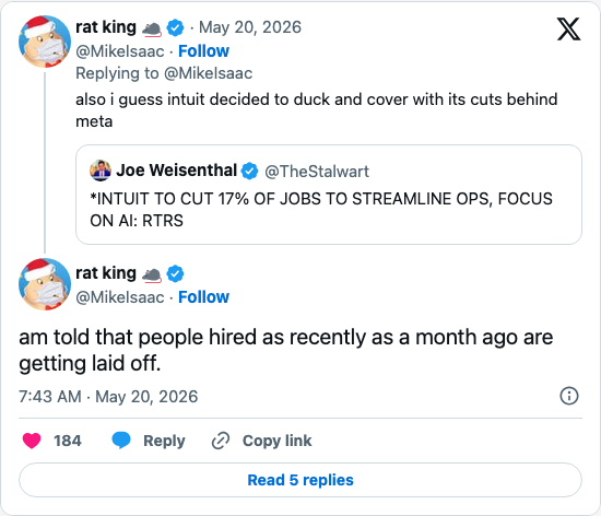 Timeline screenshot: am told that people hired as recently as a month ago are getting laid off.