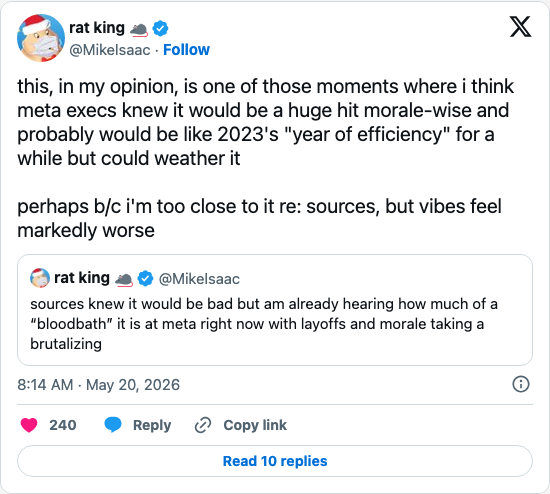 Timeline screenshot: this, in my opinion, is one of those moments where i think meta execs knew it would be a huge hit morale-wise and probably would be like 2023's "year of effi…