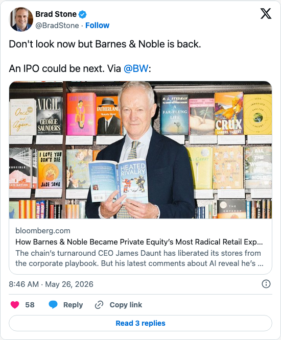 Timeline screenshot: Don't look now but Barnes & Noble is back.
An IPO could be next. Via @BW: https://t.co/4iOt4AoZkL