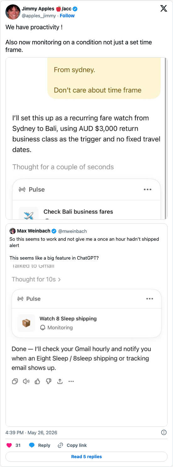 Timeline screenshot: We have proactivity ! 

Also now monitoring on a condition not just a set time frame. https://t.co/cNrLlFmmhS pic.twitter.com/m7cfmSoFAp

[quoted @mweinbach]…