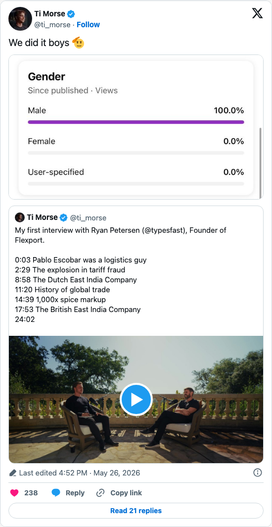 Timeline screenshot: We did it boys 🫡 https://t.co/i0MgbGI8Hd pic.twitter.com/CHamr31FsH

[quoted @ti_morse]: My first interview with Ryan Petersen (@typesfast), Founder of Flex…