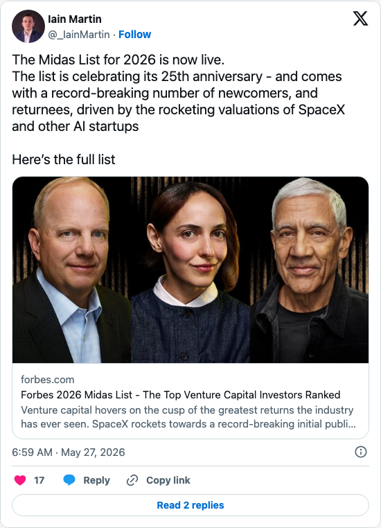 Timeline screenshot: The Midas List for 2026 is now live.
The list is celebrating its 25th anniversary - and comes with a record-breaking number of newcomers, and returnees, driv…