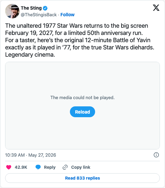 Timeline screenshot: The unaltered 1977 Star Wars returns to the big screen February 19, 2027, for a limited 50th anniversary run.
For a taster, here’s the original 12-minute Ba…