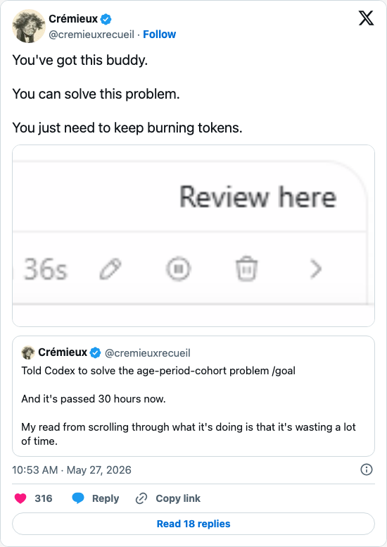 Timeline screenshot: You've got this buddy.
You can solve this problem.
You just need to keep burning tokens. https://t.co/JdF2NFU07V pic.twitter.com/FBFzhCFtg4
[quoted @cremi…