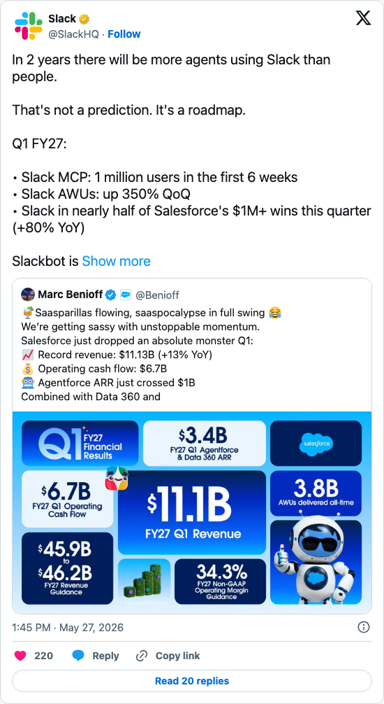 Timeline screenshot: In 2 years there will be more agents using Slack than people.
That's not a prediction. It's a roadmap.
Q1 FY27:
• Slack MCP: 1 million users in the first …