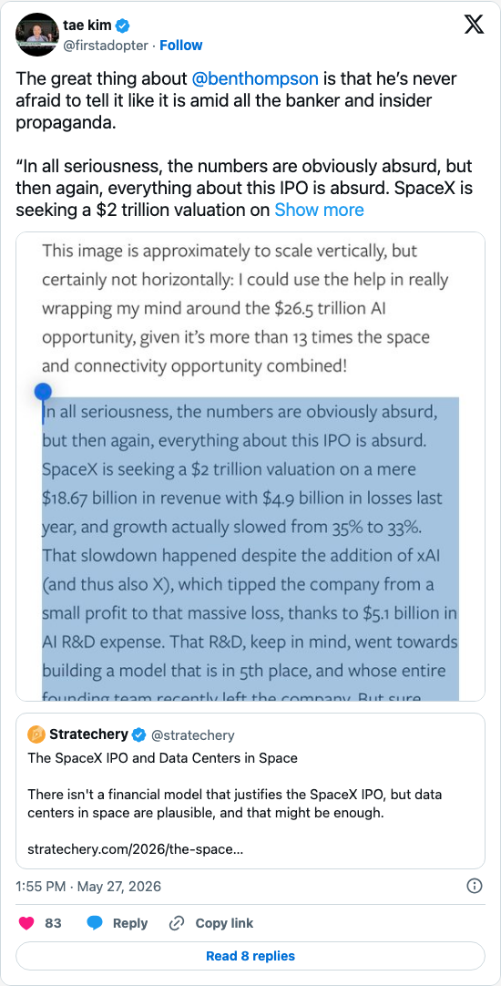 Timeline screenshot: The great thing about @benthompson is that he’s never afraid to tell it like it is amid all the banker and insider propaganda.
“In all seriousness, the numb…