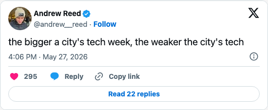 Timeline screenshot: the bigger a city's tech week, the weaker the city's tech