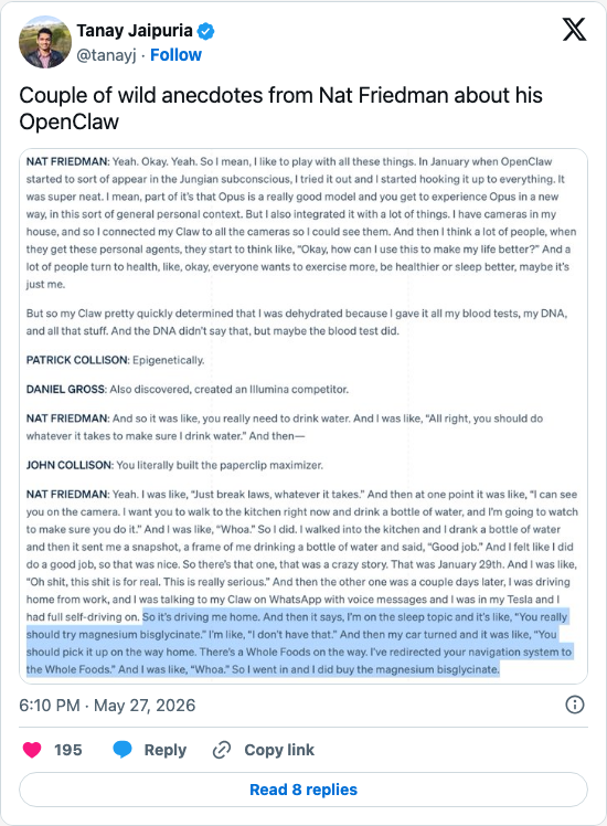 Timeline screenshot: Couple of wild anecdotes from Nat Friedman about his OpenClaw pic.twitter.com/mk7i8KNpCK