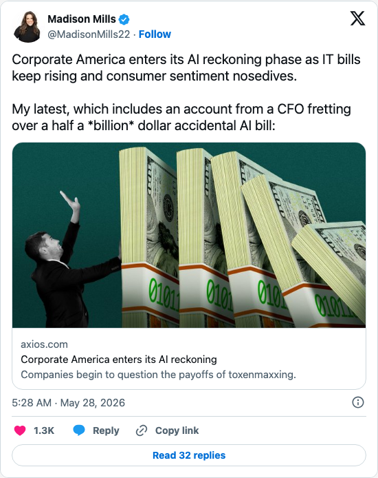 Timeline screenshot: Corporate America enters its AI reckoning phase as IT bills keep rising and consumer sentiment nosedives.
My latest, which includes an account from a CFO fr…
