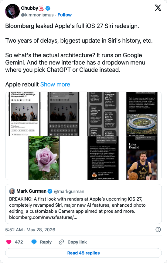 Timeline screenshot: Bloomberg leaked Apple's full iOS 27 Siri redesign.
Two years of delays, biggest update in Siri's history, etc.
So what's the actual architecture? It run…