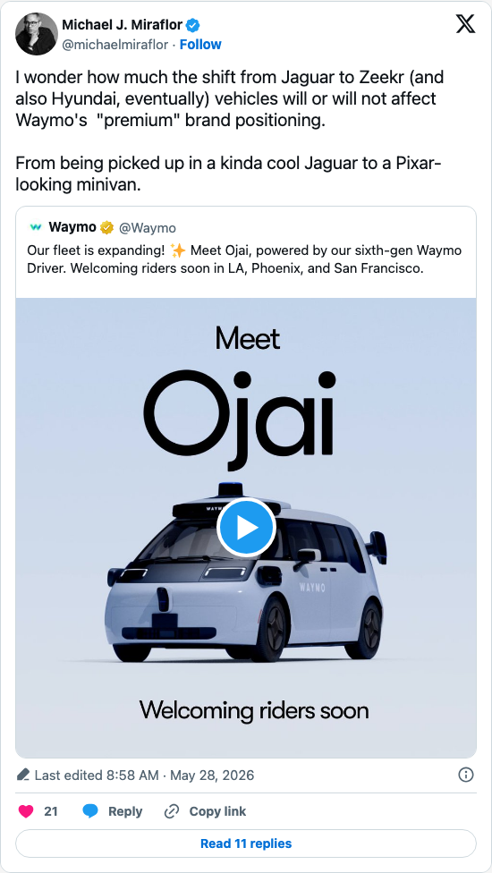 Timeline screenshot: I wonder how much the shift from Jaguar to Zeekr (and also Hyundai, eventually) vehicles will or will not affect Waymo's "premium" brand positioning.
From…