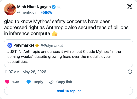 Timeline screenshot: glad to know Mythos' safety concerns have been addressed right as Anthropic also secured tens of billions in inference compute 👍 https://t.co/efDBwAYsQj
[q…