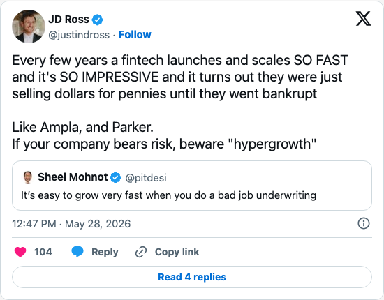 Timeline screenshot: Every few years a fintech launches and scales SO FAST and it's SO IMPRESSIVE and it turns out they were just selling dollars for pennies until they went bank…