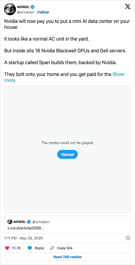 Timeline screenshot: Nvidia will now pay you to put a mini AI data center on your house
It looks like a normal AC unit in the yard.
But inside sits 16 Nvidia Blackwell GPUs and…