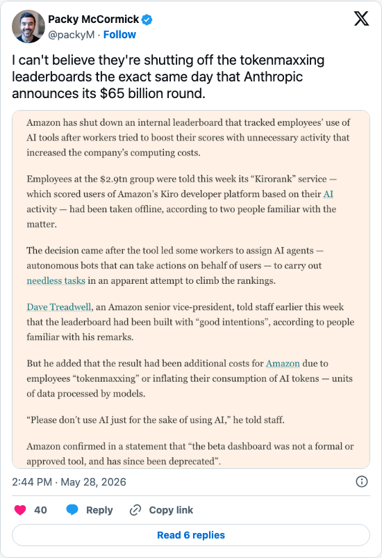 Timeline screenshot: I can't believe they're shutting off the tokenmaxxing leaderboards the exact same day that Anthropic announces its $65 billion round. pic.twitter.com/dUOdQQzp8P