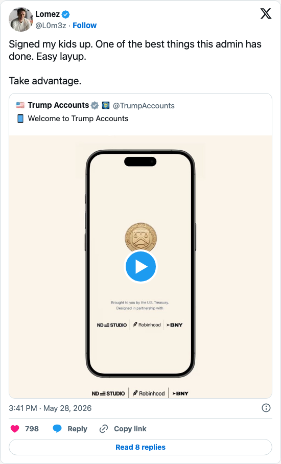 Timeline screenshot: Signed my kids up. One of the best things this admin has done. Easy layup. 

Take advantage. https://t.co/jzhbvPCt80

[quoted @trumpaccounts]: 📱 Welcome to …