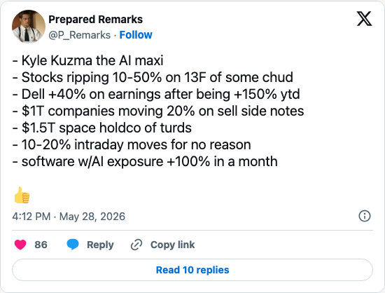 Timeline screenshot: - Kyle Kuzma the AI maxi
- Stocks ripping 10-50% on 13F of some chud
- Dell +40% on earnings after being +150% ytd
- $1T companies moving 20% on sell side no…
