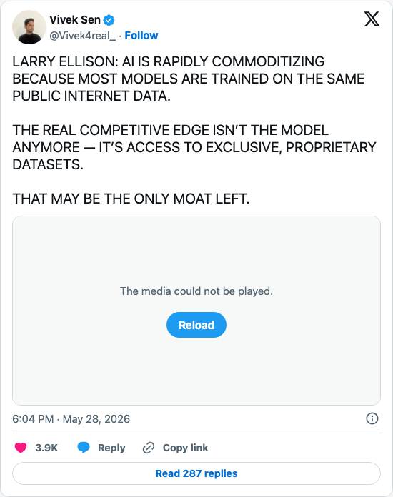 Timeline screenshot: LARRY ELLISON: AI IS RAPIDLY COMMODITIZING BECAUSE MOST MODELS ARE TRAINED ON THE SAME PUBLIC INTERNET DATA.
THE REAL COMPETITIVE EDGE ISN’T THE MODEL ANYMO…