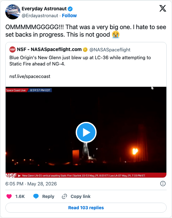 Timeline screenshot: OMMMMMGGGGG!!! That was a very big one. I hate to see set backs in progress. This is not good 😭 https://t.co/tRTuOkRBOE

[quoted @nasaspaceflight]: Blue Ori…
