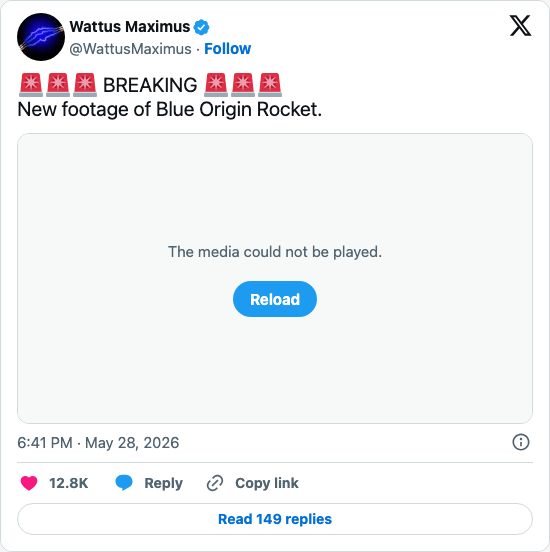 Timeline screenshot: 🚨🚨🚨 BREAKING 🚨🚨🚨
New footage of Blue Origin Rocket. pic.twitter.com/R3oNV0j3bP