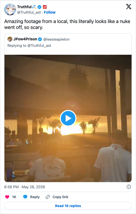 Timeline screenshot: Amazing footage from a local, this literally looks like a nuke went off, so scary. https://t.co/0Yxr3p0EwH