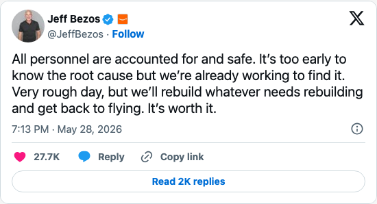 Timeline screenshot: All personnel are accounted for and safe. It’s too early to know the root cause but we’re already working to find it. Very rough day, but we’ll rebuild whate…