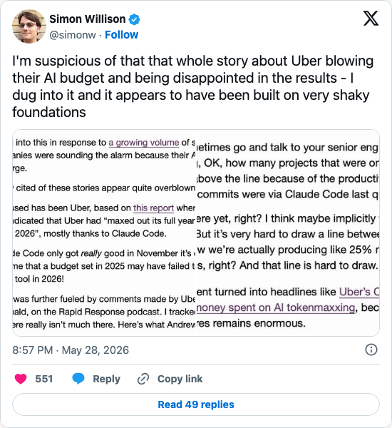Timeline screenshot: I'm suspicious of that that whole story about Uber blowing their AI budget and being disappointed in the results - I dug into it and it appears to have been …