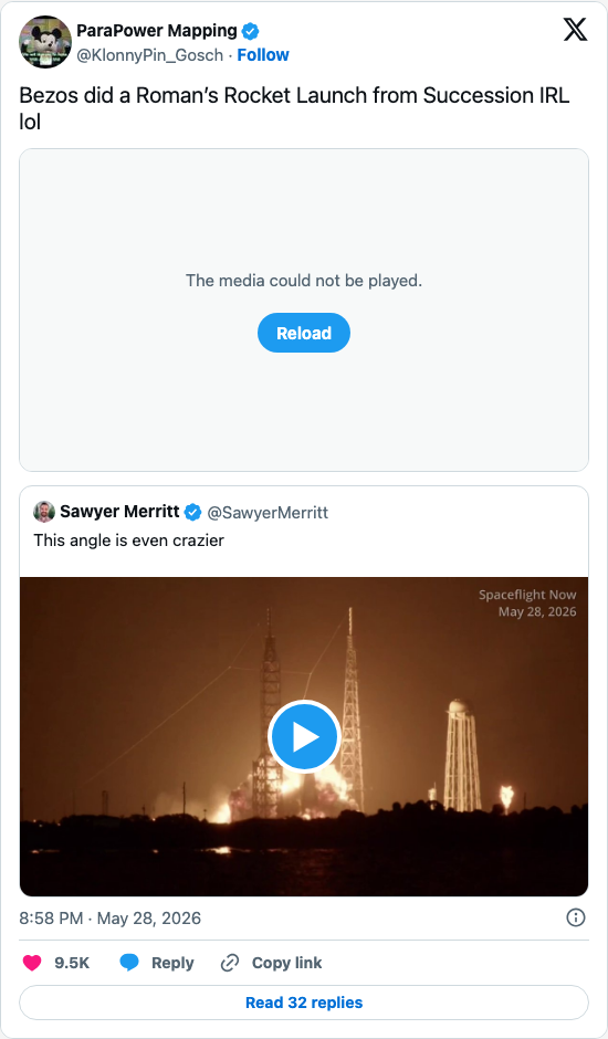 Timeline screenshot: Bezos did a Roman’s Rocket Launch from Succession IRL lol https://t.co/c8aIVqar7c pic.twitter.com/nwIbZFa6mf