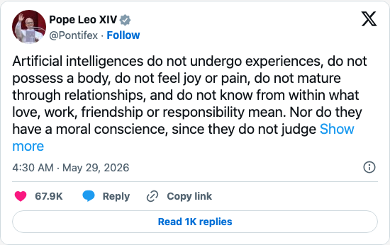 Timeline screenshot: Artificial intelligences do not undergo experiences, do not possess a body, do not feel joy or pain, do not mature through relationships, and do not know fro…