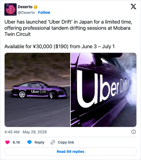Timeline screenshot: Uber has launched 'Uber Drift' in Japan for a limited time, offering professional tandem drifting sessions at Mobara Twin Circuit
Available for ¥30,000 ($19…