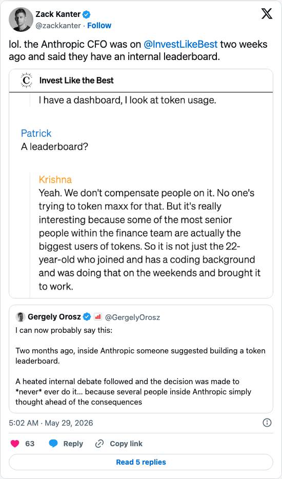 Timeline screenshot: lol. the Anthropic CFO was on @InvestLikeBest two weeks ago and said they have an internal leaderboard. https://t.co/AuK7qs5Bfg pic.twitter.com/9boq8QaELj
[…