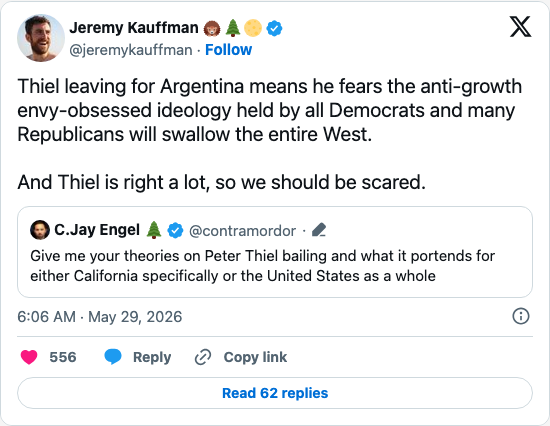 Timeline screenshot: Thiel leaving for Argentina means he fears the anti-growth envy-obsessed ideology held by all Democrats and many Republicans will swallow the entire West.
A…