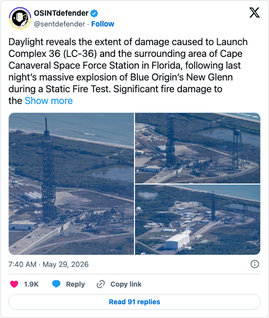 Timeline screenshot: Daylight reveals the extent of damage caused to Launch Complex 36 (LC-36) and the surrounding area of Cape Canaveral Space Force Station in Florida, followin…