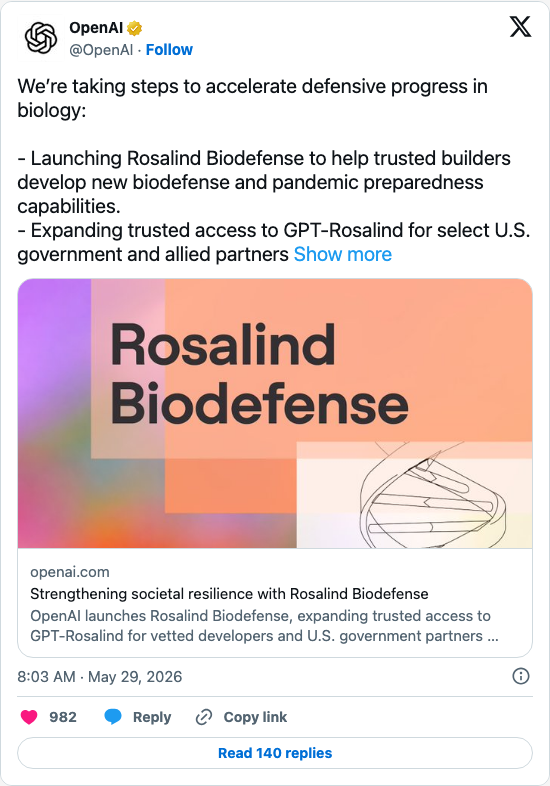 Timeline screenshot: We’re taking steps to accelerate defensive progress in biology:
- Launching Rosalind Biodefense to help trusted builders develop new biodefense and pandemic…