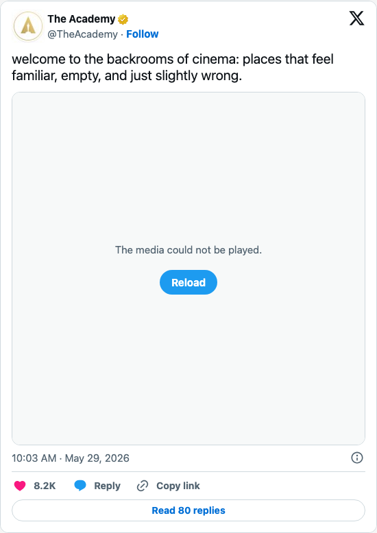 Timeline screenshot: welcome to the backrooms of cinema: places that feel familiar, empty, and just slightly wrong. pic.twitter.com/sAsyVCoLy1