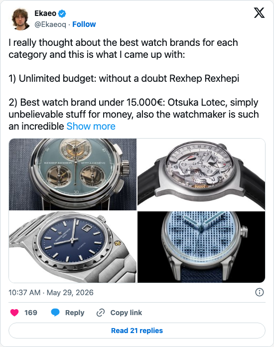Timeline screenshot: I really thought about the best watch brands for each category and this is what I came up with:
1) Unlimited budget: without a doubt Rexhep Rexhepi
2) Best…