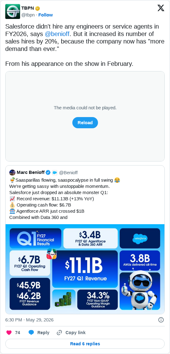 Timeline screenshot: Salesforce didn't hire any engineers or service agents in FY2026, says @benioff. But it increased its number of sales hires by 20%, because the company now h…