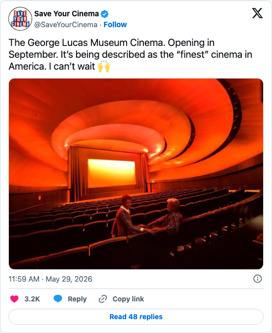 Timeline screenshot: The George Lucas Museum Cinema. Opening in September. It’s being described as the “finest” cinema in America. I can’t wait 🙌 pic.twitter.com/uMMyuOQULs