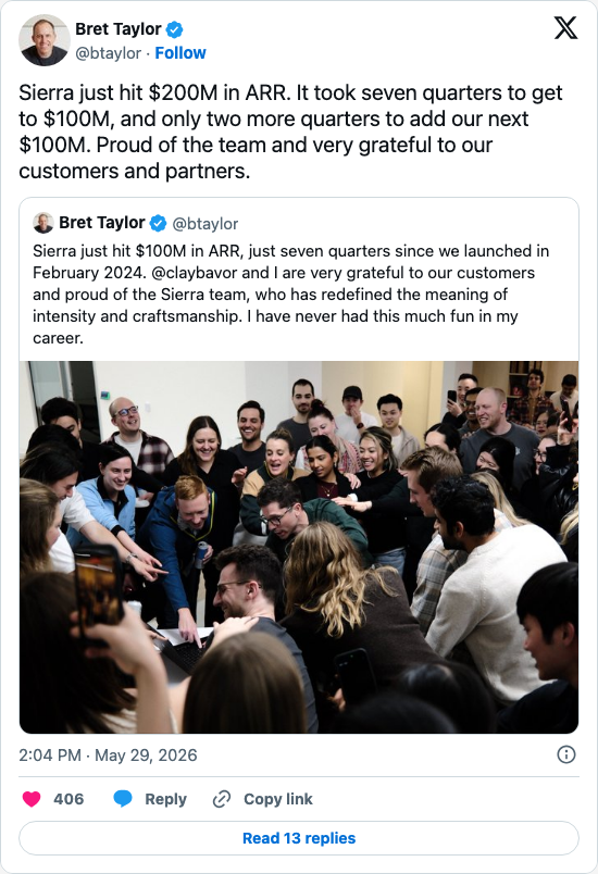 Timeline screenshot: Sierra just hit $200M in ARR. It took seven quarters to get to $100M, and only two more quarters to add our next $100M. Proud of the team and very grateful t…