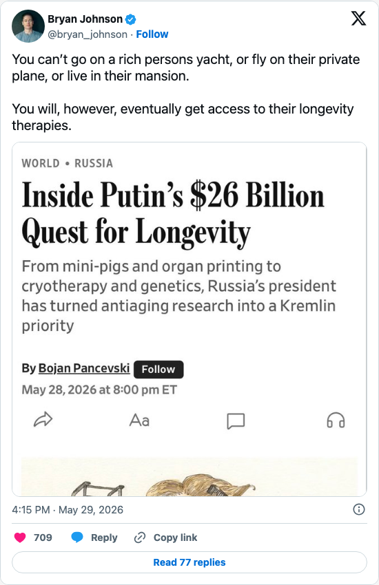Timeline screenshot: You can’t go on a rich persons yacht, or fly on their private plane, or live in their mansion.
You will, however, eventually get access to their longevity …
