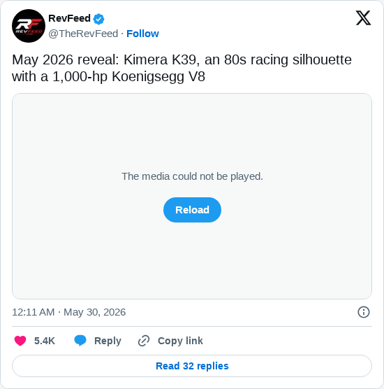Timeline screenshot: May 2026 reveal: Kimera K39, an 80s racing silhouette with a 1,000-hp Koenigsegg V8 pic.twitter.com/tJmfttX8bI

[quoted @audi__0128]: なーんじゃこの車は🧐⁉️ pic.twitt…