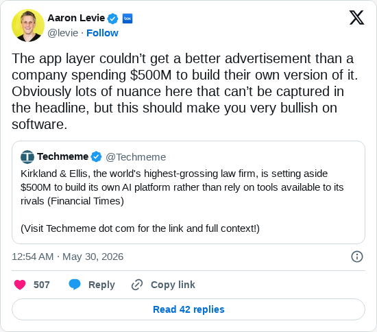 Timeline screenshot: The app layer couldn’t get a better advertisement than a company spending $500M to build their own version of it. Obviously lots of nuance here that can’t be…