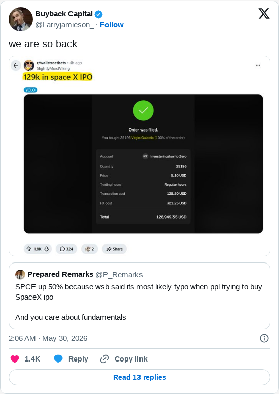 Timeline screenshot: we are so back https://t.co/Ea59H6ycAW pic.twitter.com/iGZf33xYLo

[quoted @p_remarks]: SPCE up 50% because wsb said its most likely typo when ppl trying to …