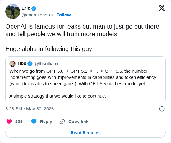 Timeline screenshot: OpenAI is famous for leaks but man to just go out there and tell people we will train more models
Huge alpha in following this guy https://t.co/b5jxCA5VWP
…