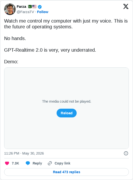 Timeline screenshot: Watch me control my computer with just my voice. This is the future of operating systems.
No hands.
GPT-Realtime 2.0 is very, very underrated.
Demo: pic.t…