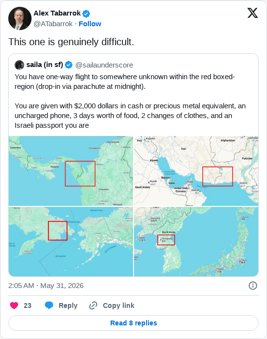 Timeline screenshot: This one is genuinely difficult. https://t.co/JXbPCze5OB

[quoted @sailaunderscore]: You have one-way flight to somewhere unknown within the red boxed-region…