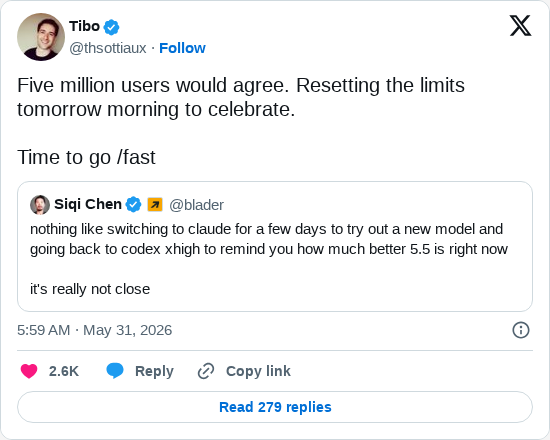 Timeline screenshot: Five million users would agree. Resetting the limits tomorrow morning to celebrate.

Time to go /fast https://t.co/MdRBfp8Od0

[quoted @blader]: nothing like…